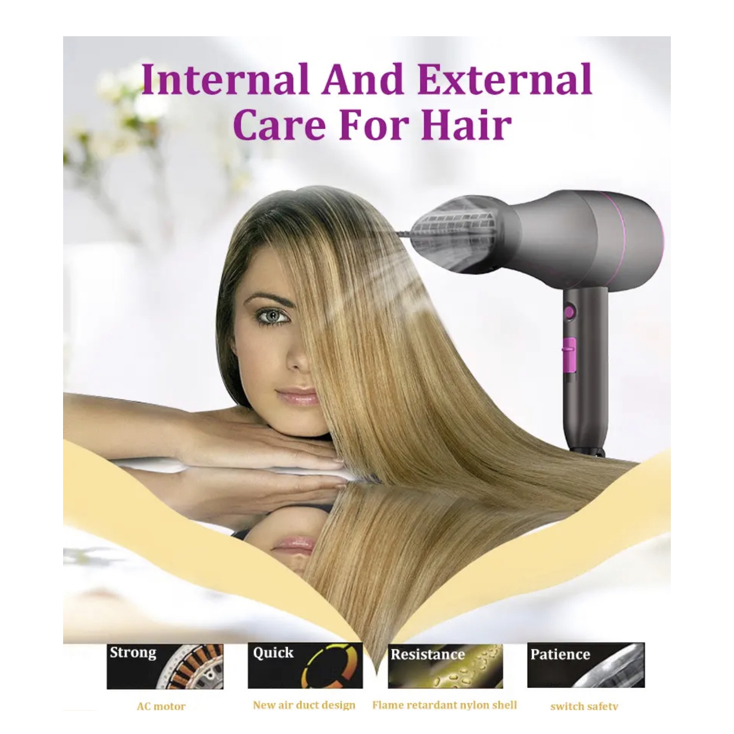 A|M Beauty Professional Hair Dryer, Compact 1800W Blow Dryer with Volumizer Brush | Comb Concentrator Styling Nozzle, Hairdryer for Quick Drying