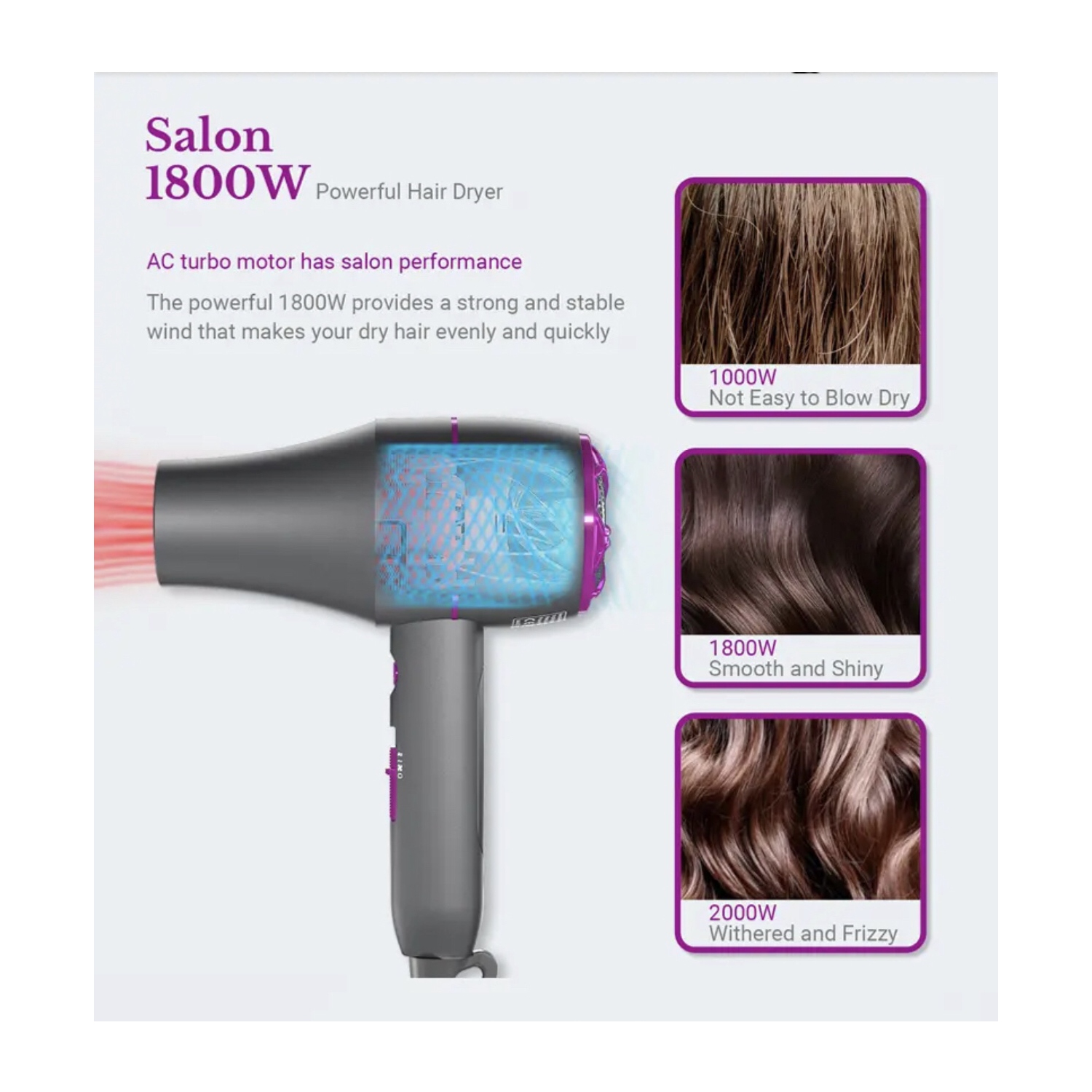 A|M Beauty Professional Hair Dryer, Compact 1800W Blow Dryer with Volumizer Brush | Comb Concentrator Styling Nozzle, Hairdryer for Quick Drying