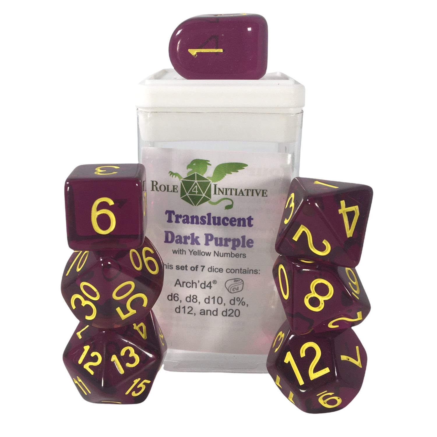 Role 4 Initiative Set of 7 Dice: Translucent Dark Purple/Yellow with Arch'd4