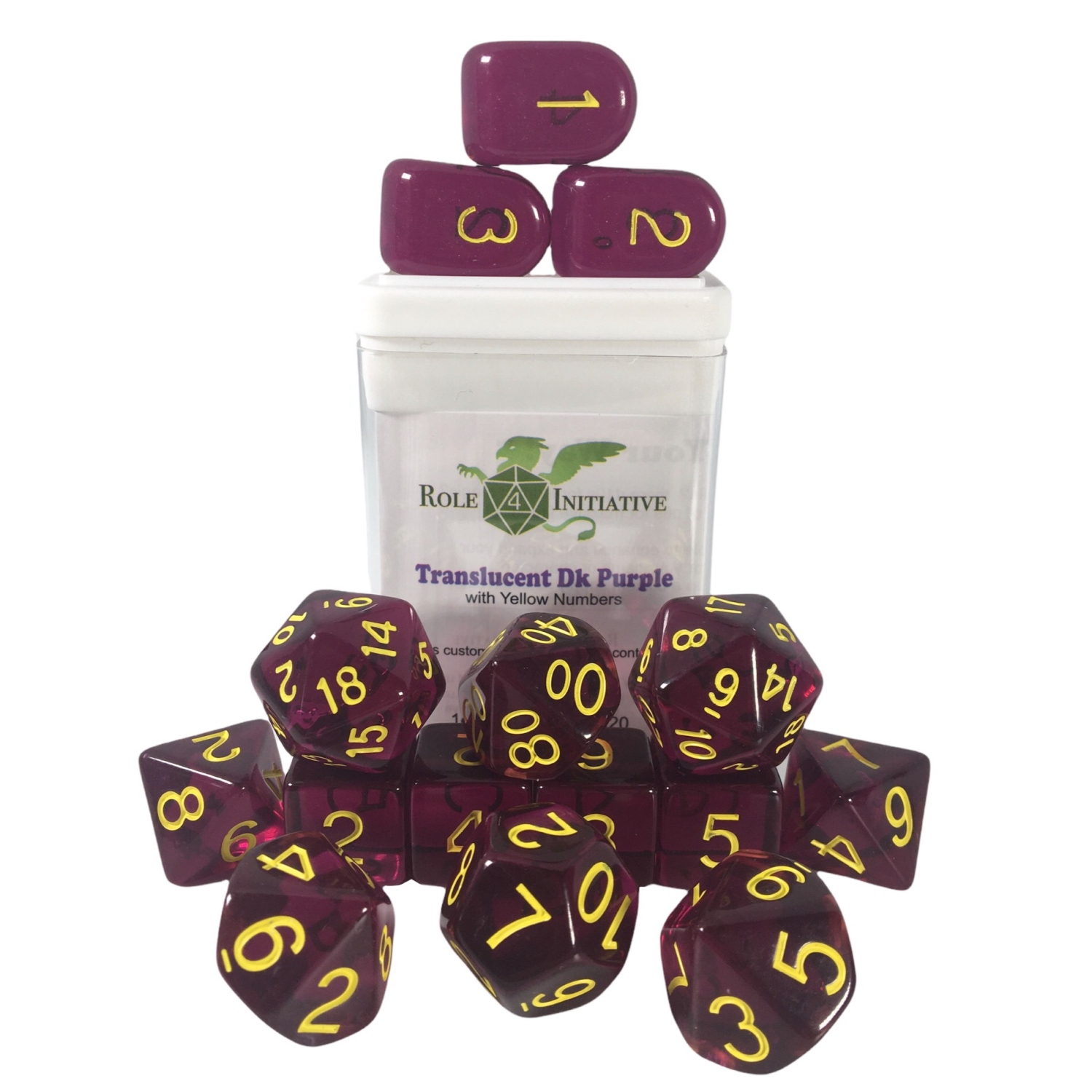 Role 4 Initiative Set of 15 Dice: Translucent Dark Purple/Yellow with Arch'd4