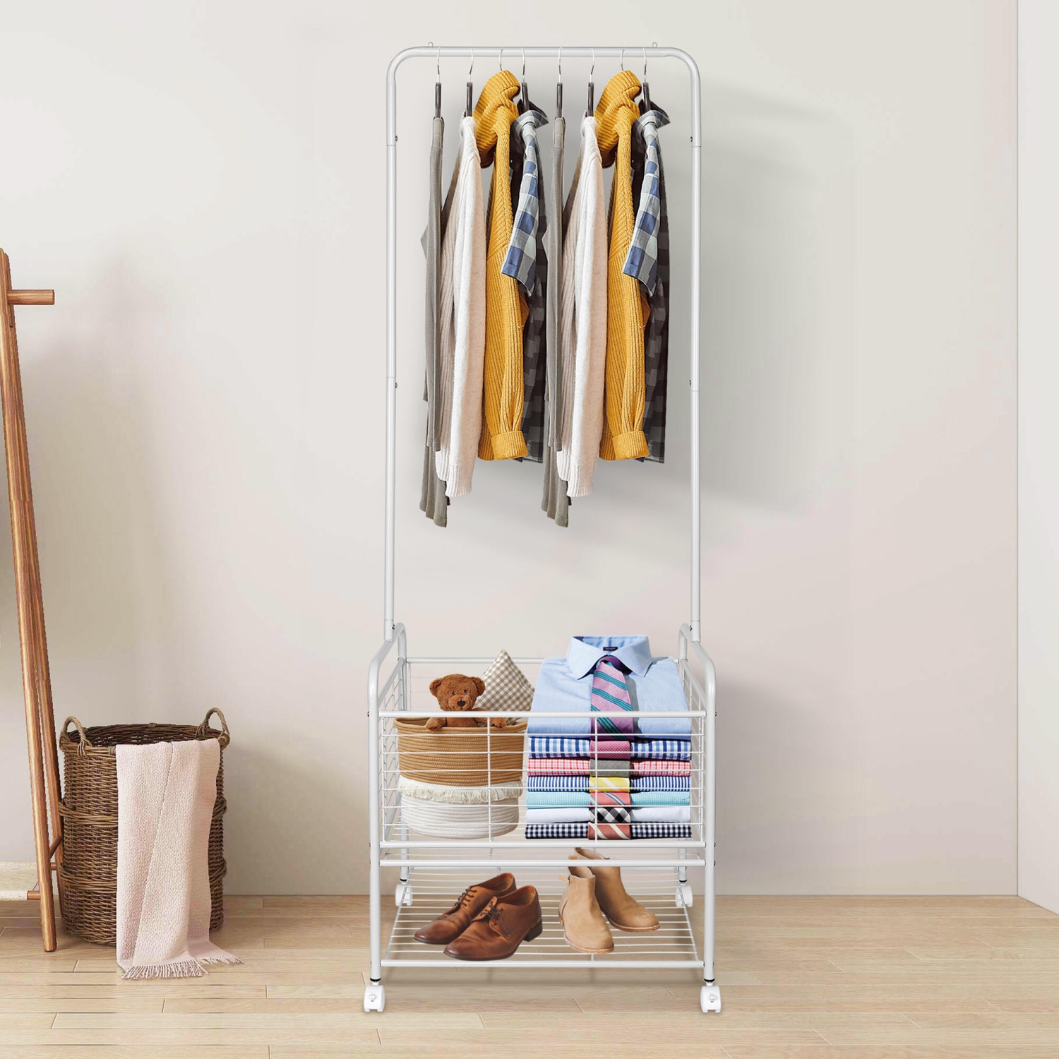 2 in 1 Clothes Rack Garment Clothing Coat Shelf with Storage basket & Bottom Rack and 4 wheels - SortWise