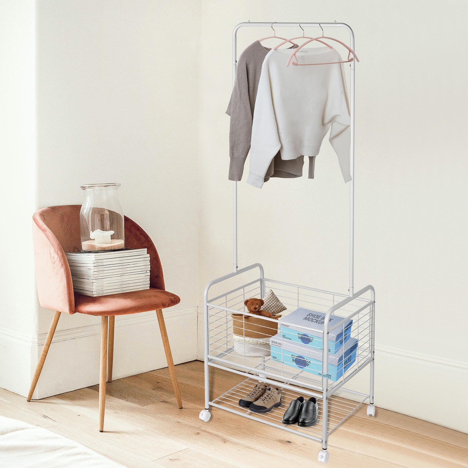 2 in 1 Clothes Rack Garment Clothing Coat Shelf with Storage basket & Bottom Rack and 4 wheels - SortWise