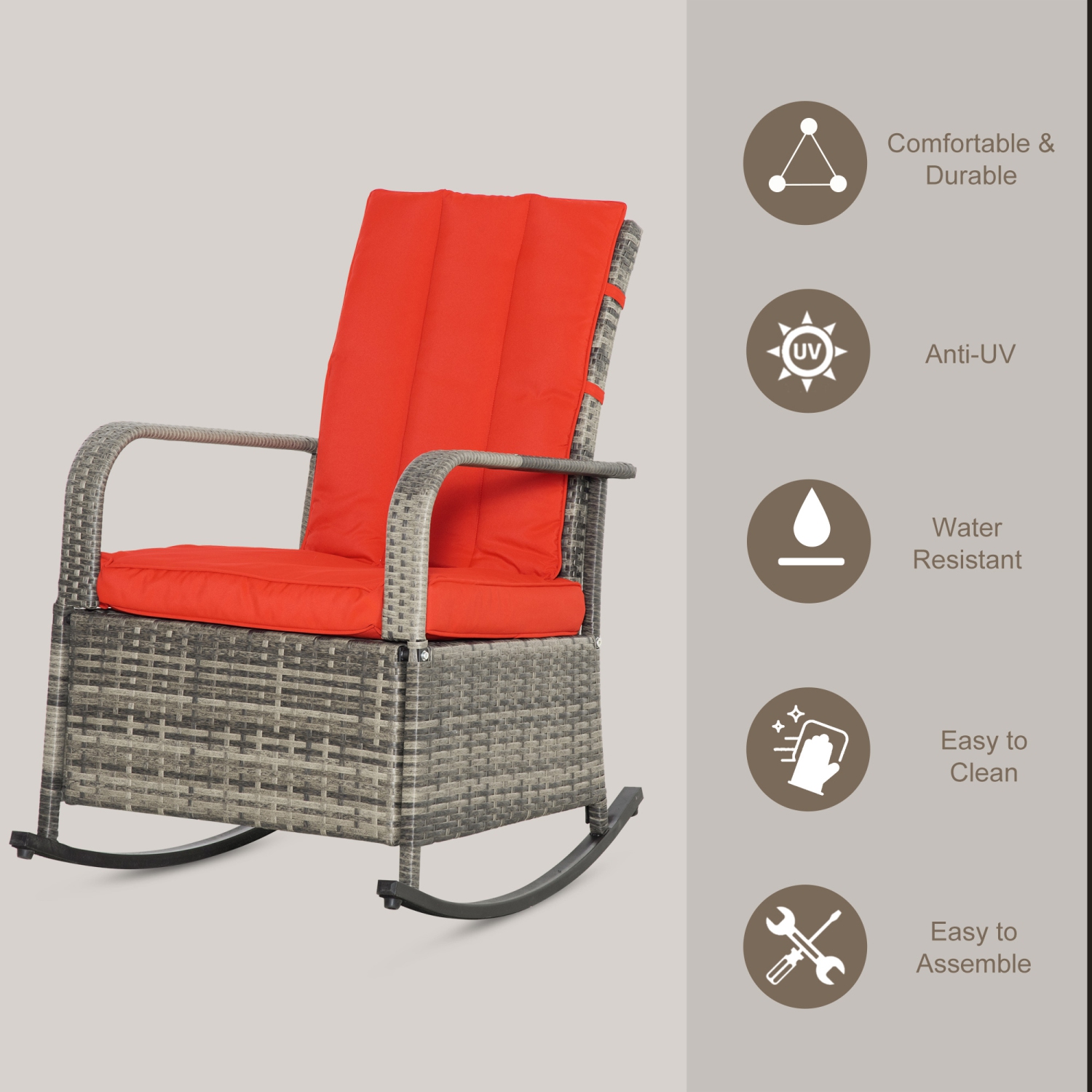 Outsunny Outdoor Wicker Rocking Chair with Cushion, Patio PE Rattan Recliner Chair with Adjustable Footrest, Armrests, Red