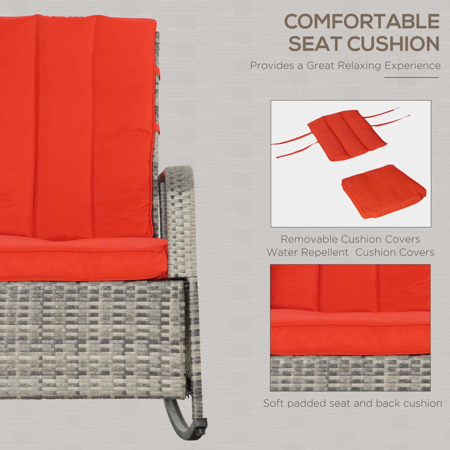 Outsunny Outdoor Wicker Rocking Chair with Cushion, Patio PE Rattan Recliner Chair with Adjustable Footrest, Armrests, Red