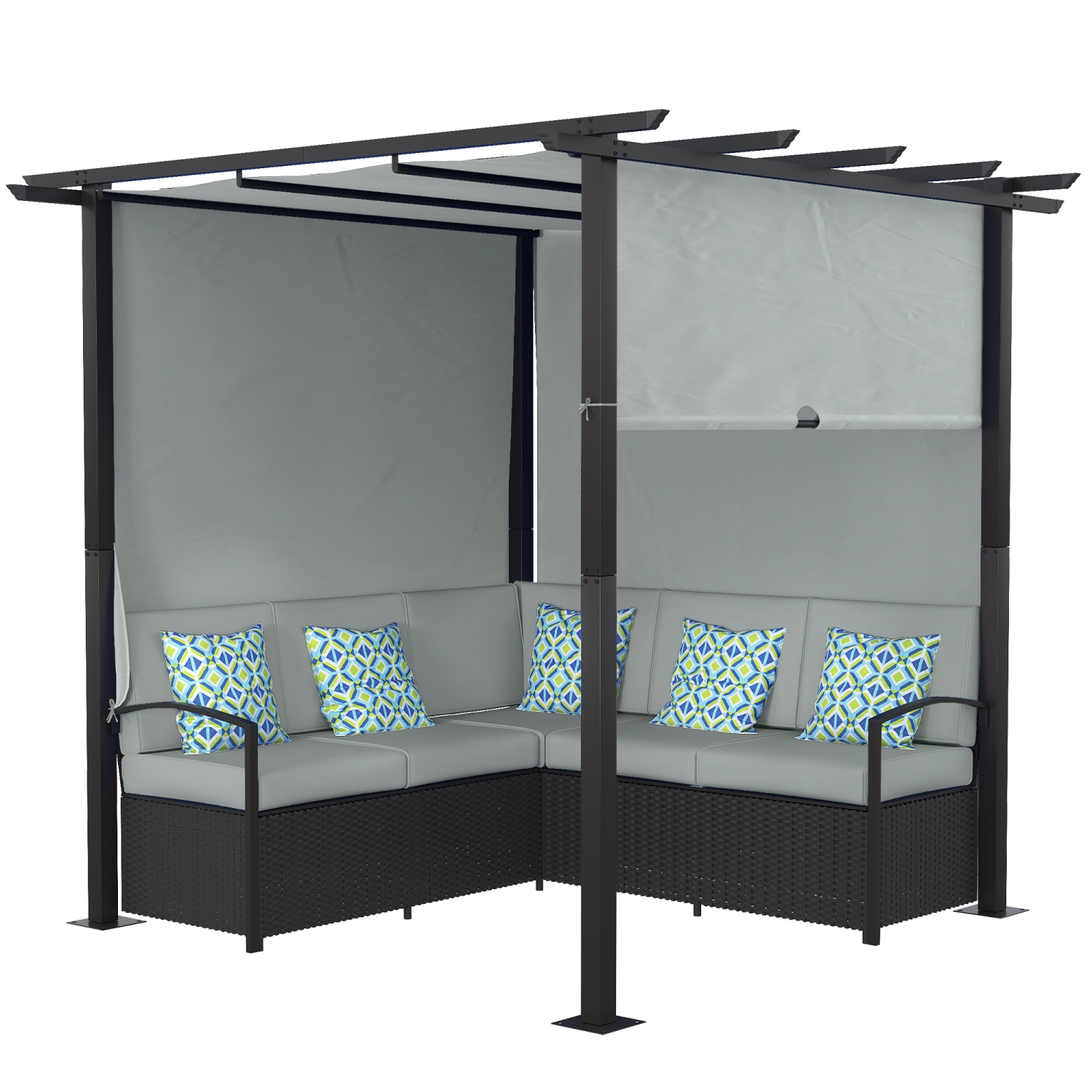 Outsunny Mobilier de terrasse en osier, canapé d'extérieur en rotin PE avec pergola rétractable, abri d'ombrage pour terrasse, piscine, jardin,