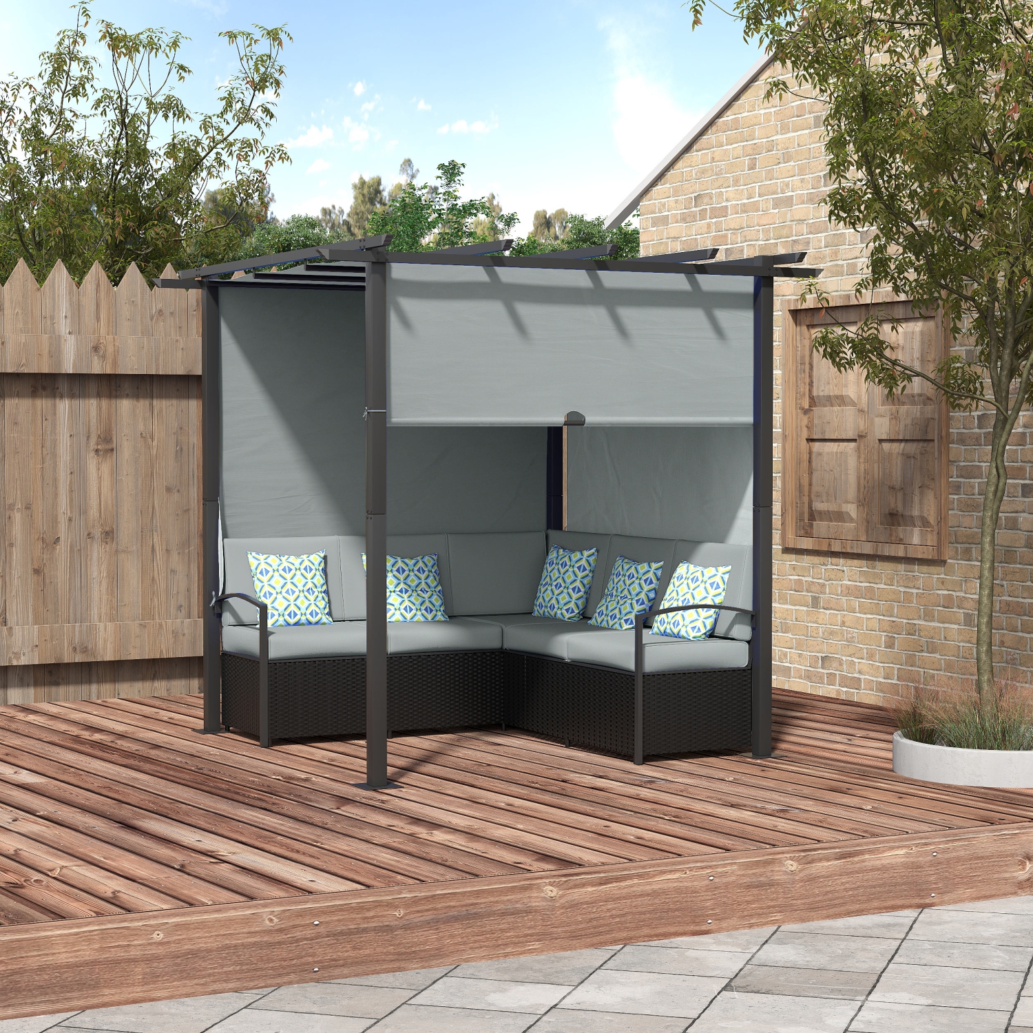 Outsunny Mobilier de terrasse en osier, canapé d'extérieur en rotin PE avec pergola rétractable, abri d'ombrage pour terrasse, piscine, jardin,