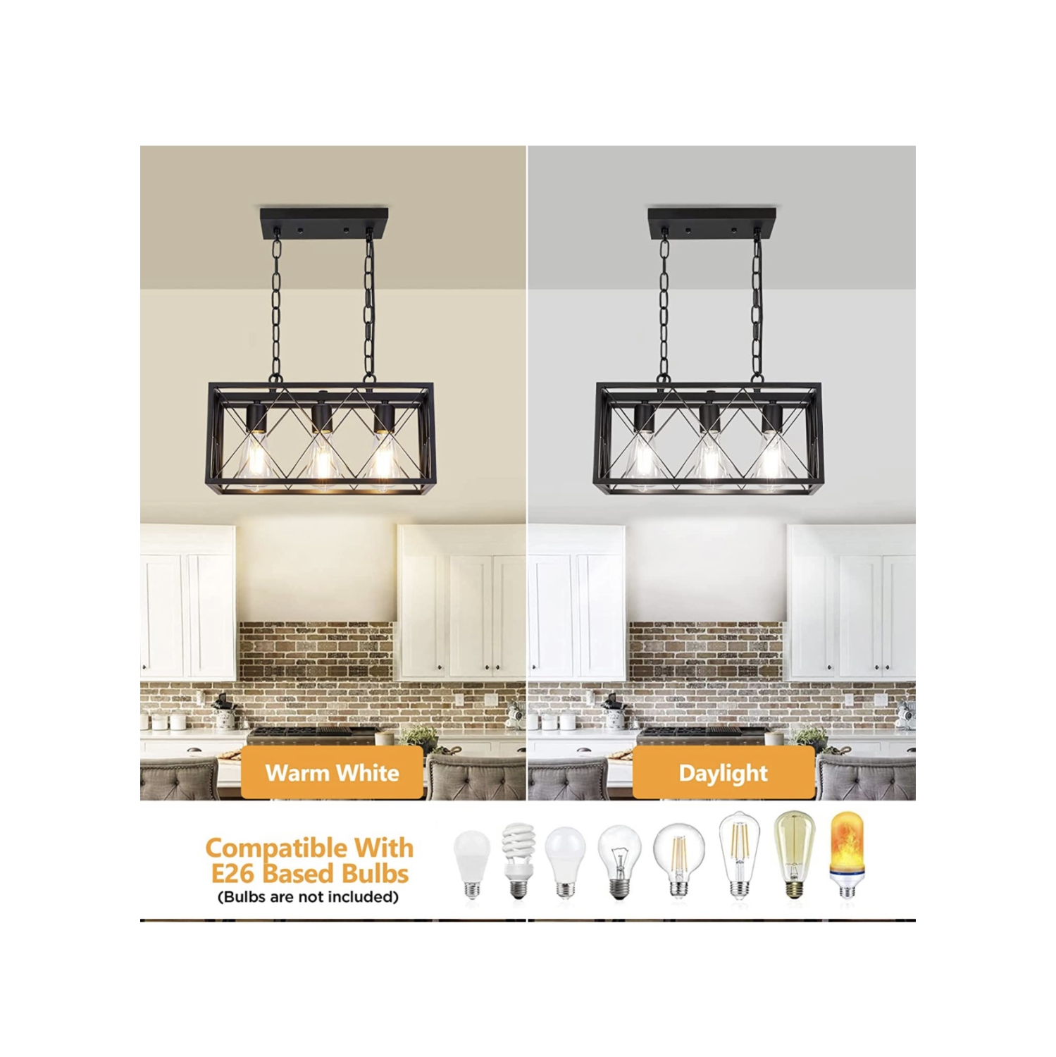 A|M Lighting – Luminaire suspendu industriel pour îlot de cuisine, luminaire suspendu rectangulaire rustique rétro à 3 lampes Pynsseu