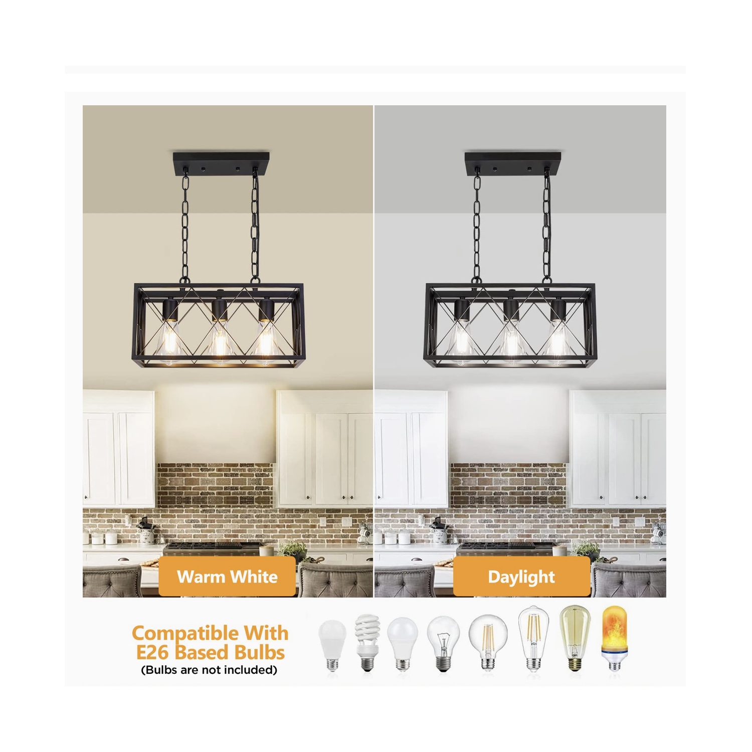 A|M Lighting – Luminaire suspendu industriel pour îlot de cuisine, luminaire suspendu rectangulaire rustique rétro à 3 lampes Pynsseu