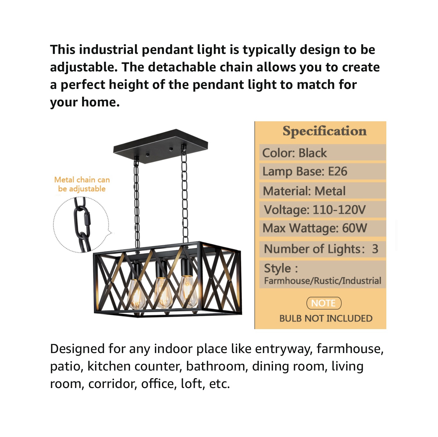 A|M Lighting – Luminaire suspendu industriel pour îlot de cuisine, luminaire suspendu rectangulaire rustique rétro à 3 lampes Pynsseu