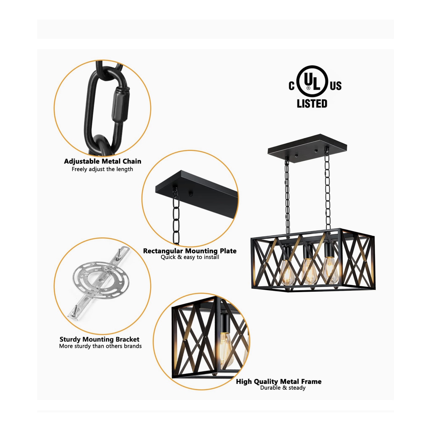A|M Lighting – Luminaire suspendu industriel pour îlot de cuisine, luminaire suspendu rectangulaire rustique rétro à 3 lampes Pynsseu