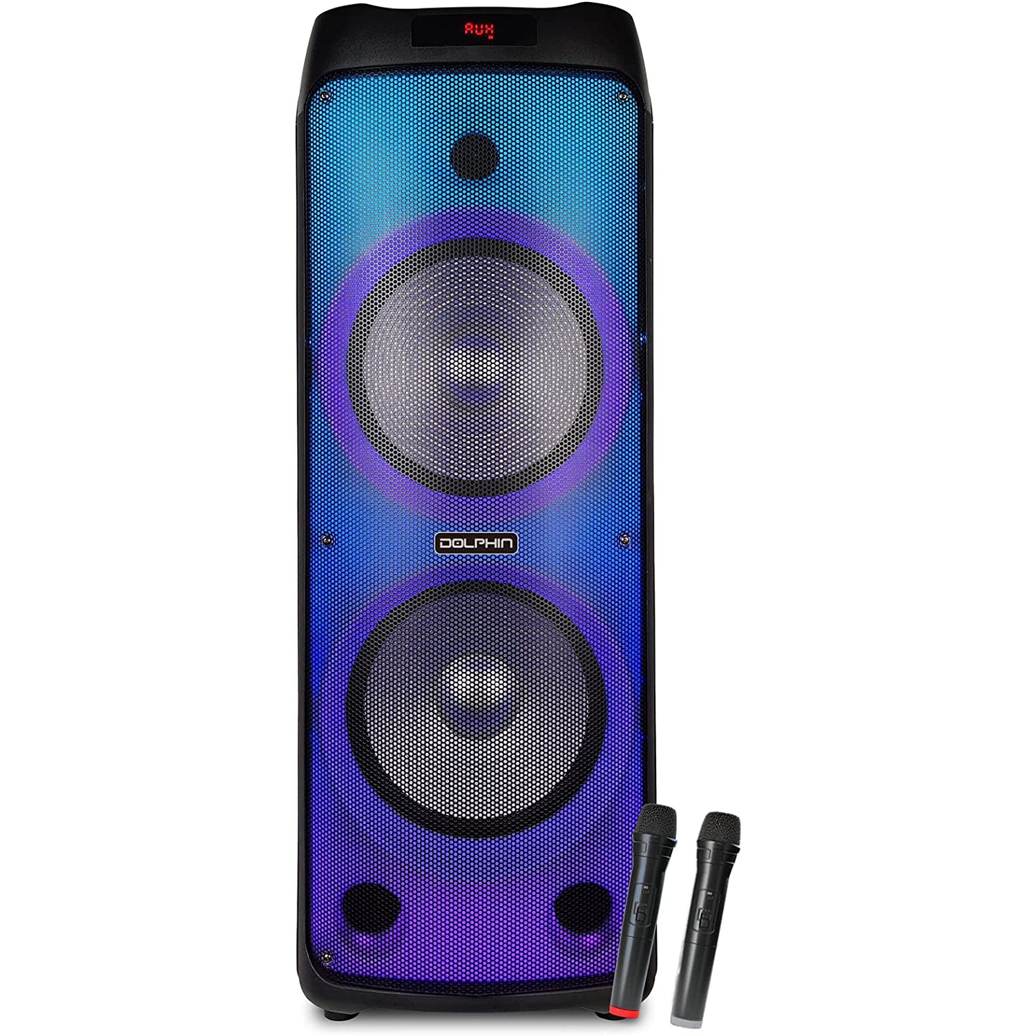 Dolphin Audio Portable Bluetooth Party Speaker with dual 12" Woofers and 2 Wireless Microphones