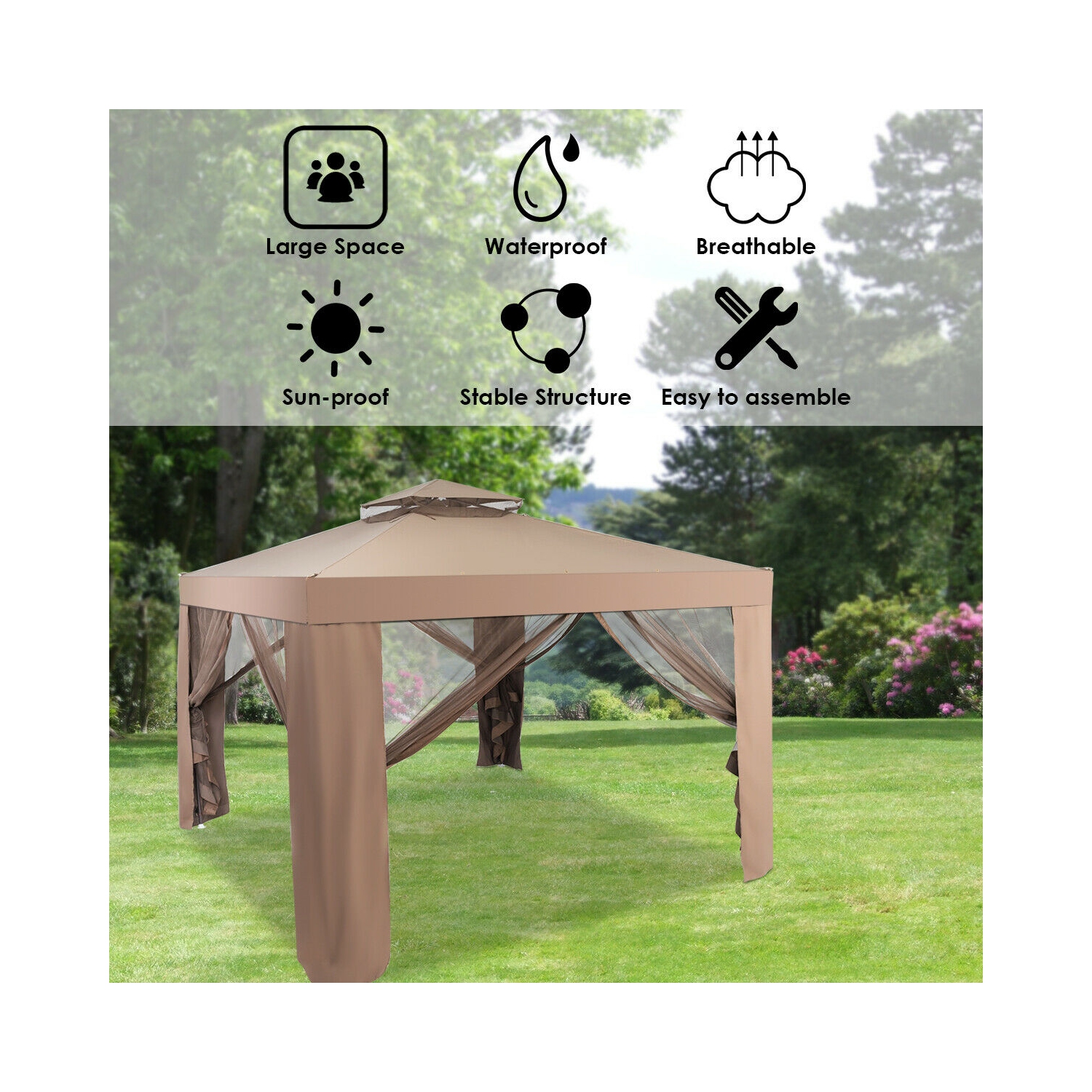 Gymax 10'x 10' Canopy Gazebo Tent Shelter Garden Lawn Patio W/Mosquito Netting Coffee