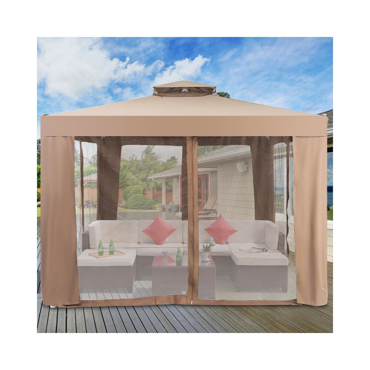 Gymax 10'x 10' Canopy Gazebo Tent Shelter Garden Lawn Patio W/Mosquito Netting Coffee