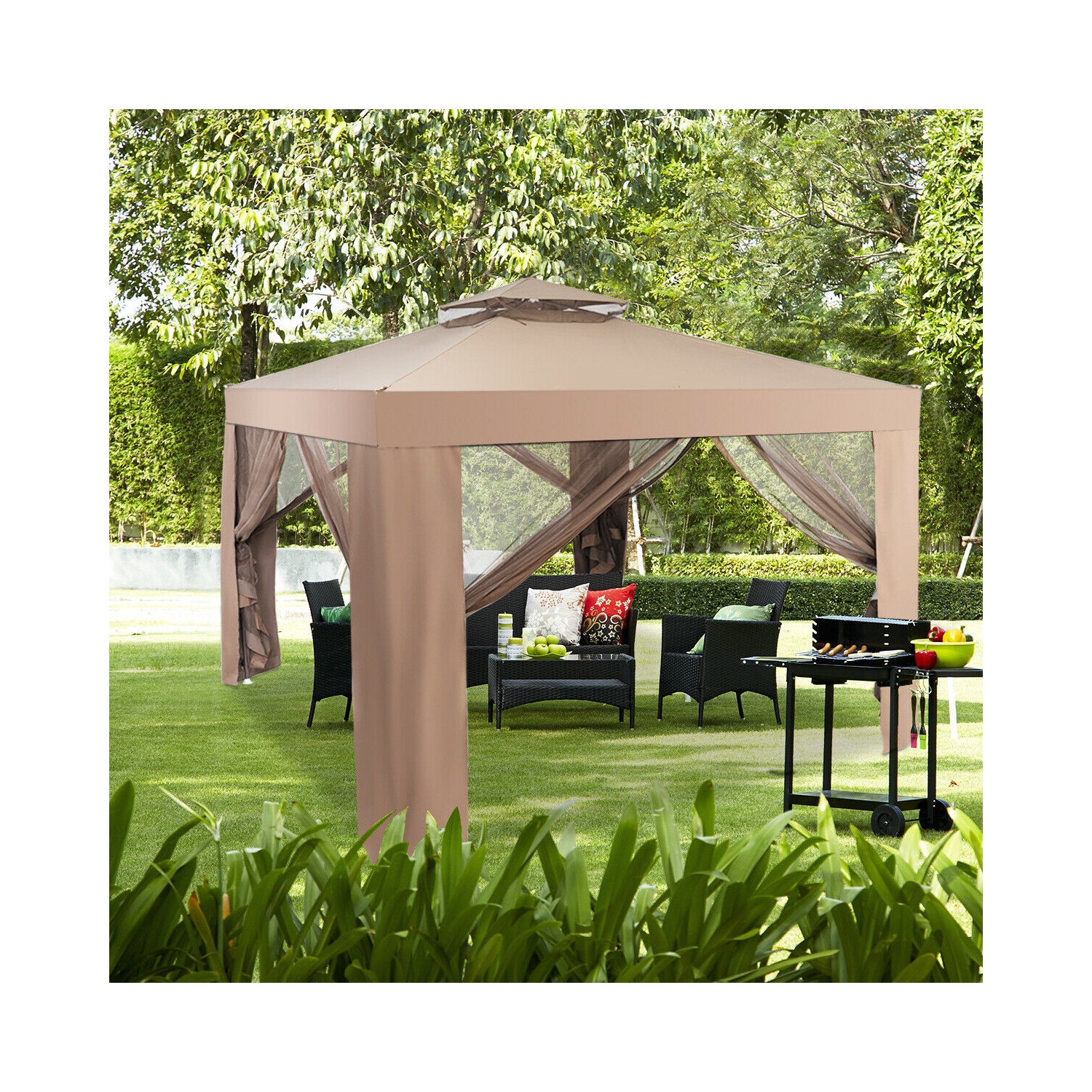 Gymax 10'x 10' Canopy Gazebo Tent Shelter Garden Lawn Patio W/Mosquito Netting Coffee
