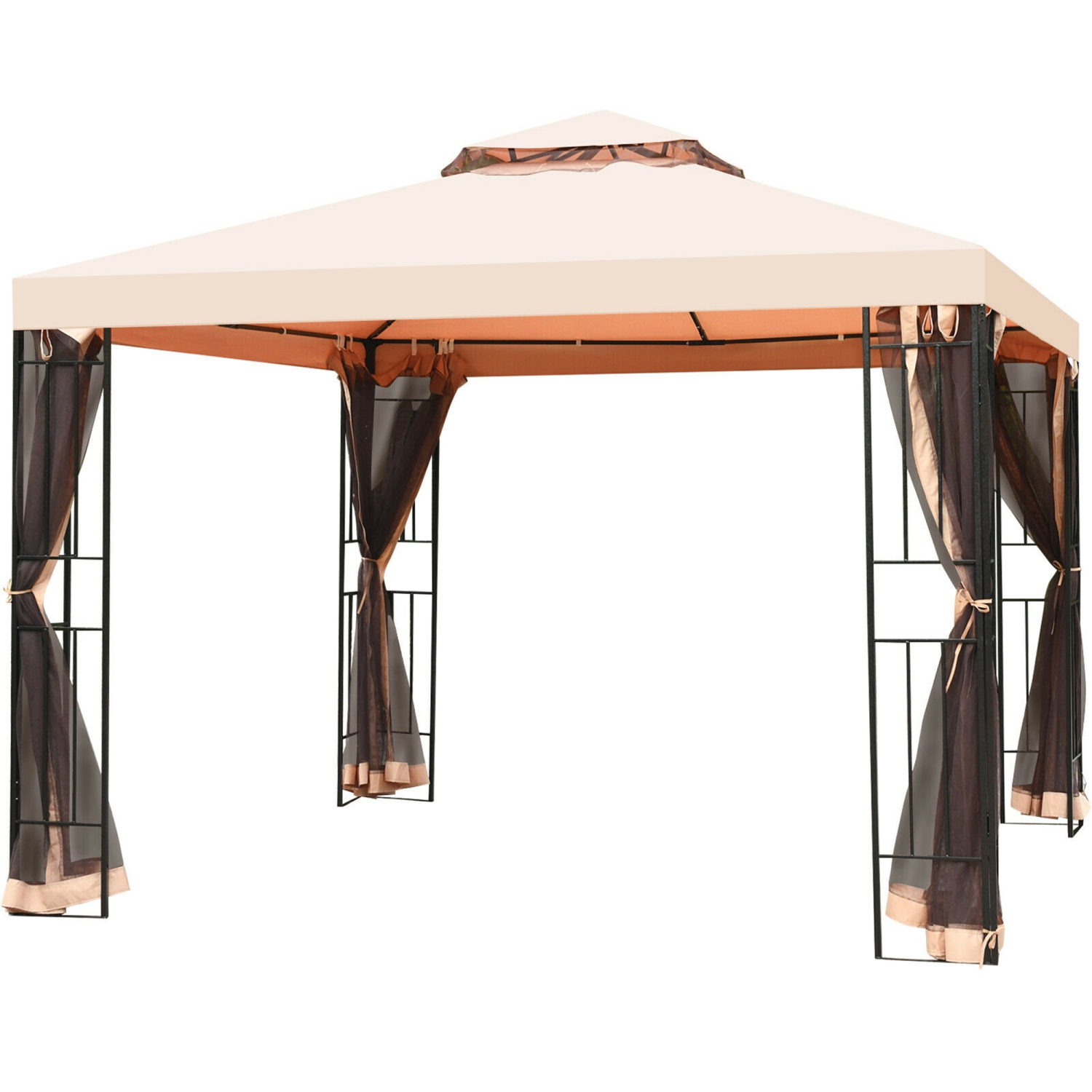 Gazebo en métal de marque Gymax 3,04 m x 3,04 m avec moustiquaire auvent Gazebo 2 niveaux Ventilé Gazebo avec Toit