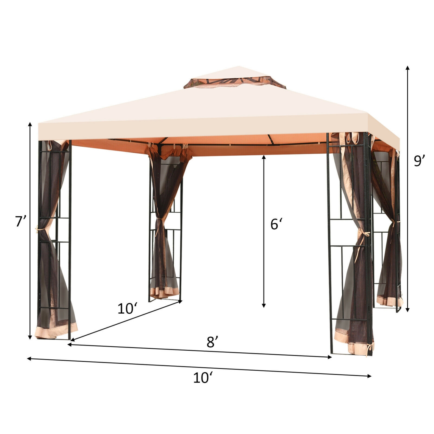 Gazebo en métal de marque Gymax 3,04 m x 3,04 m avec moustiquaire auvent Gazebo 2 niveaux Ventilé Gazebo avec Toit