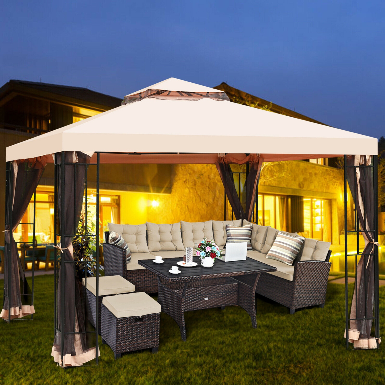 Gazebo en métal de marque Gymax 3,04 m x 3,04 m avec moustiquaire auvent Gazebo 2 niveaux Ventilé Gazebo avec Toit