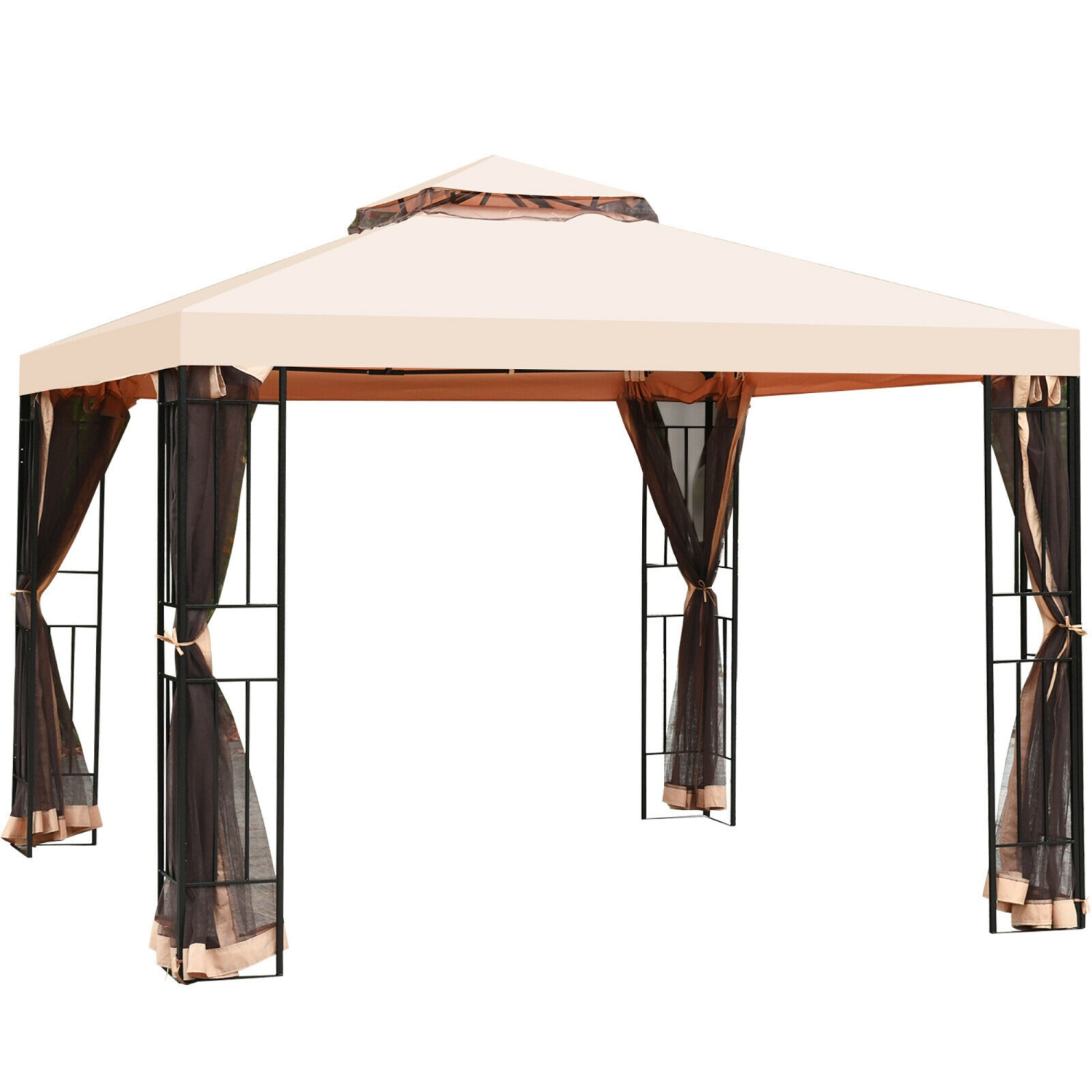 Gazebo en métal de marque Gymax 3,04 m x 3,04 m avec moustiquaire auvent Gazebo 2 niveaux Ventilé Gazebo avec Toit