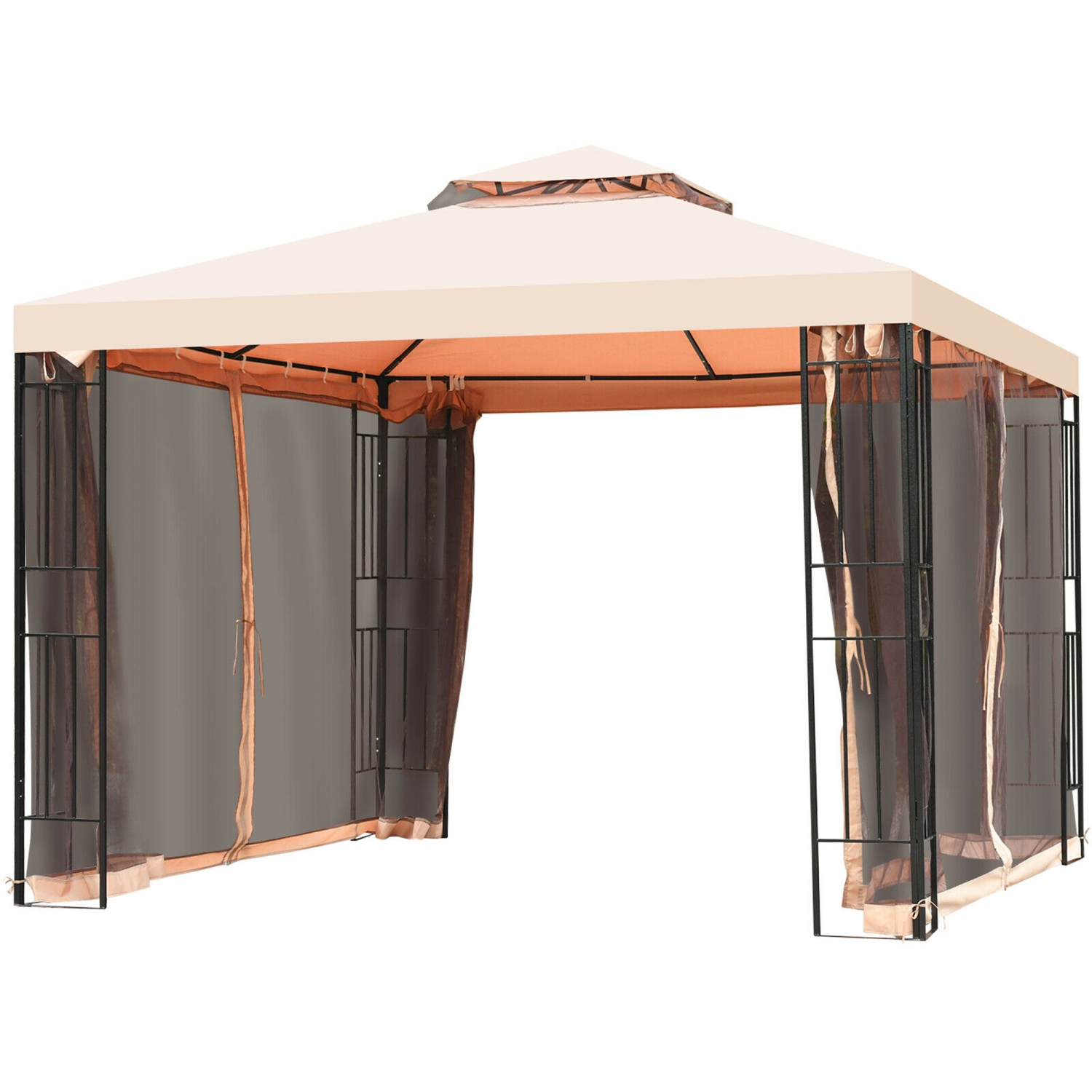 Gazebo en métal de marque Gymax 3,04 m x 3,04 m avec moustiquaire auvent Gazebo 2 niveaux Ventilé Gazebo avec Toit