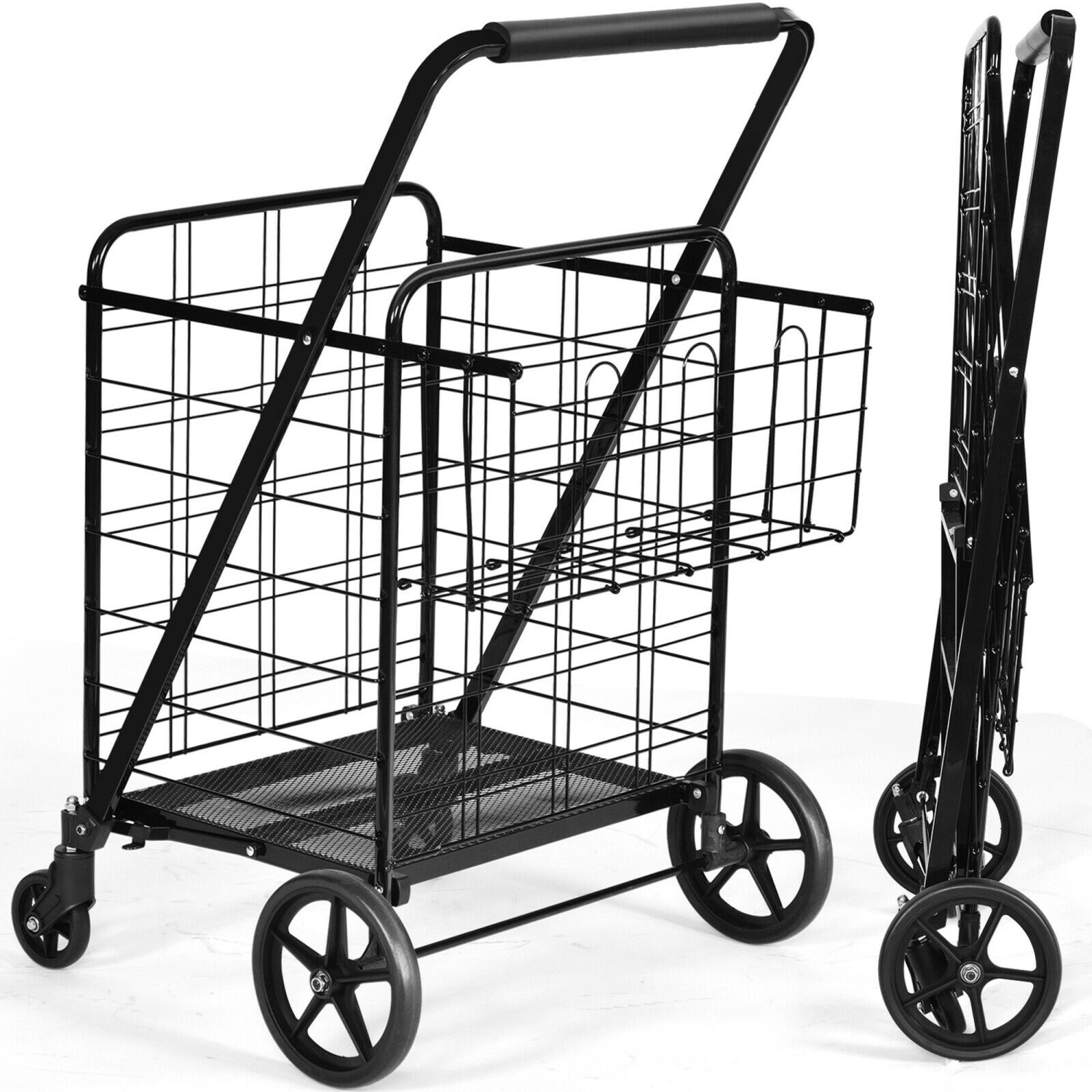 Gymax Heavy Duty Folding Shopping Cart Utility Jumbo Double Basket 330lbs