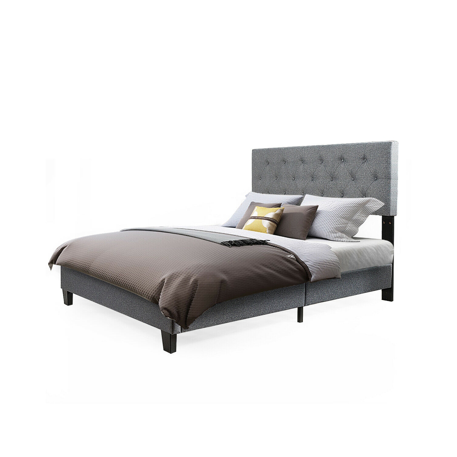 Gymax Full Size Upholstered Panel Bed W/Linen Panel Headboard Upholstered Wooden Bed