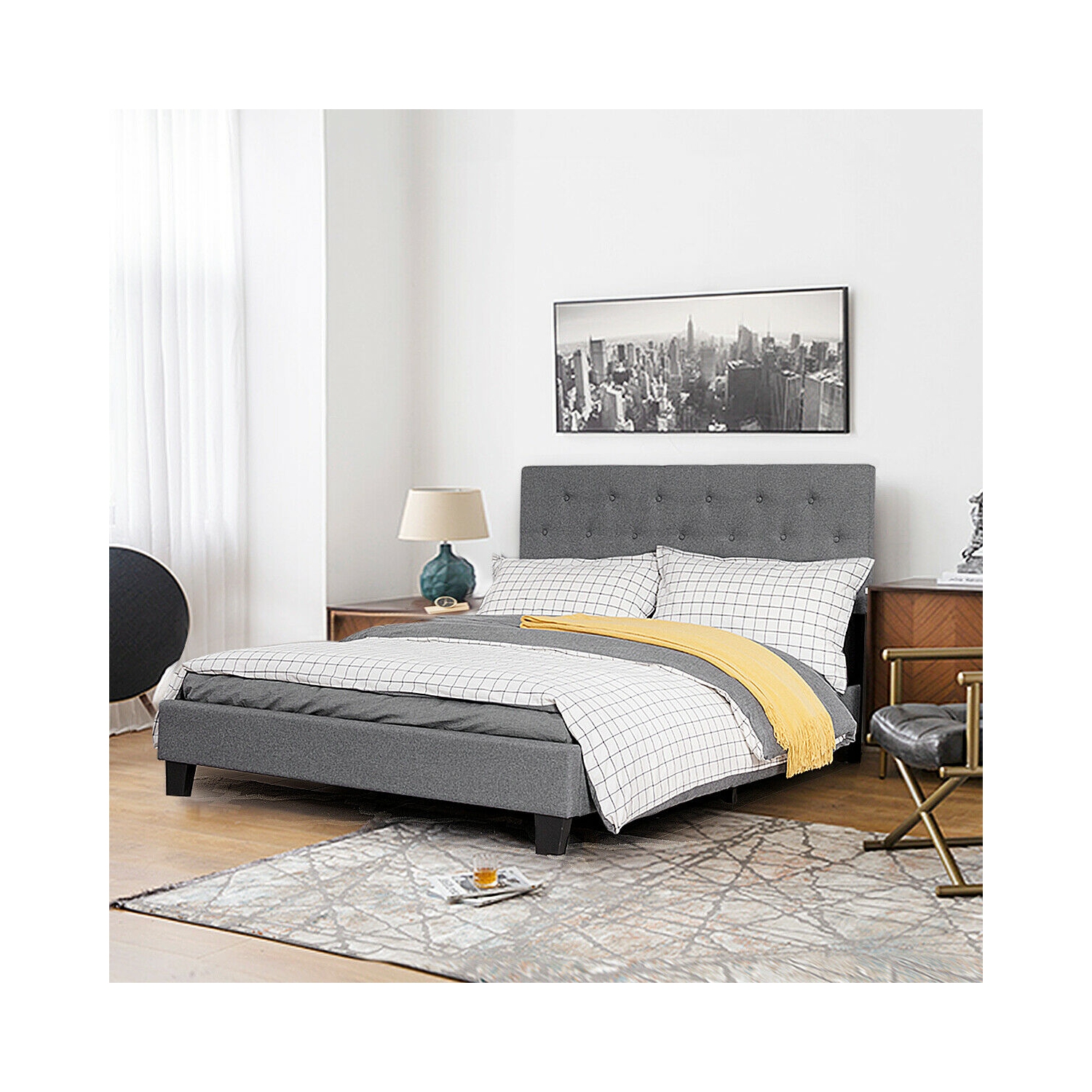 Gymax Full Size Upholstered Panel Bed W/Linen Panel Headboard Upholstered Wooden Bed