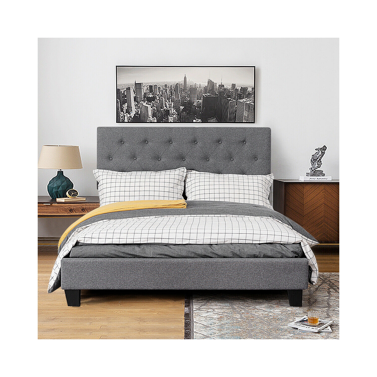 Gymax Full Size Upholstered Panel Bed W/Linen Panel Headboard Upholstered Wooden Bed