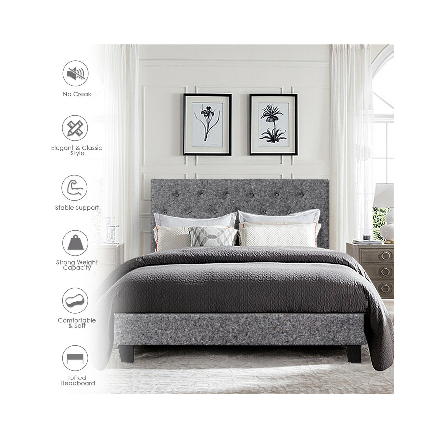 Gymax Full Size Upholstered Panel Bed W/Linen Panel Headboard Upholstered Wooden Bed