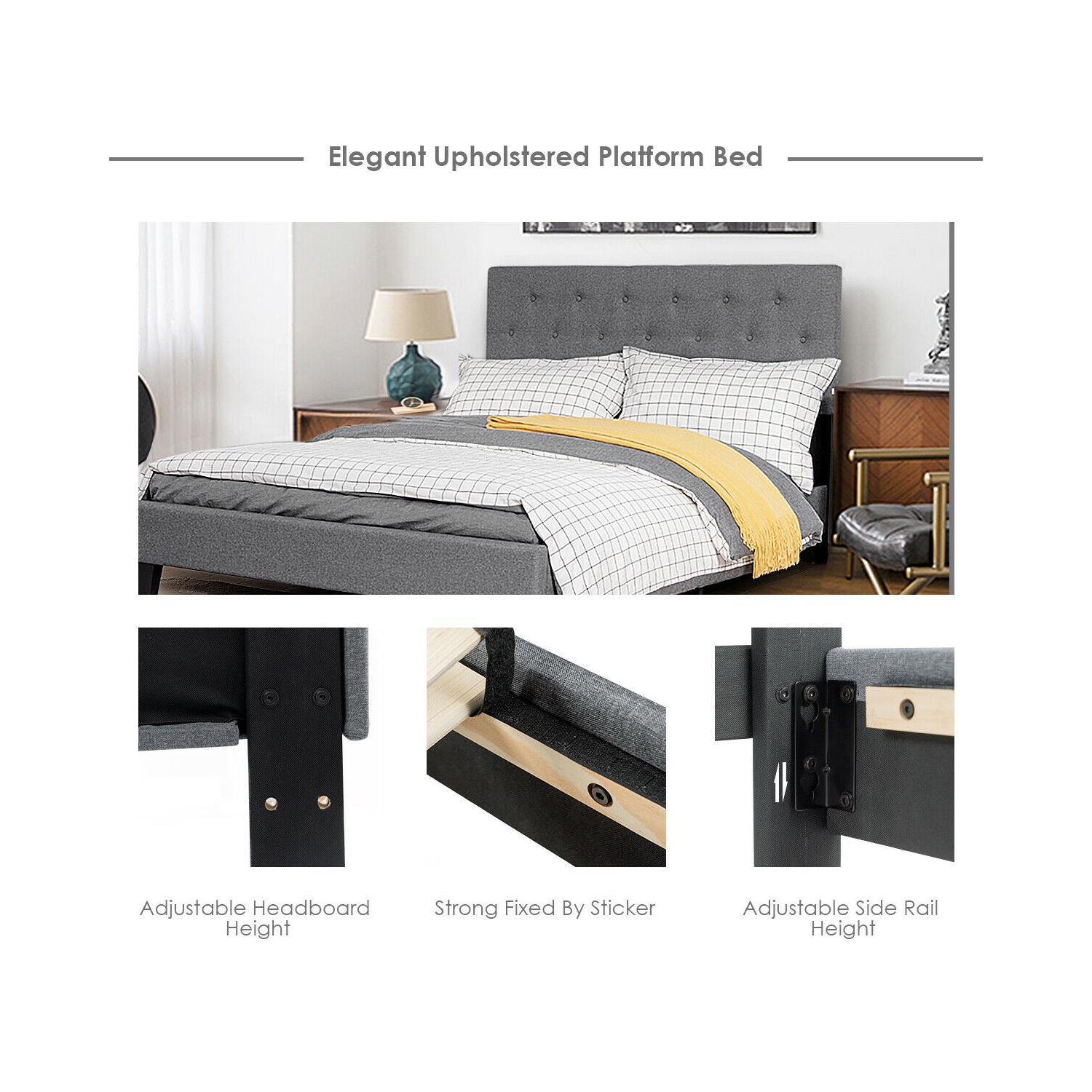 Gymax Full Size Upholstered Panel Bed W/Linen Panel Headboard Upholstered Wooden Bed