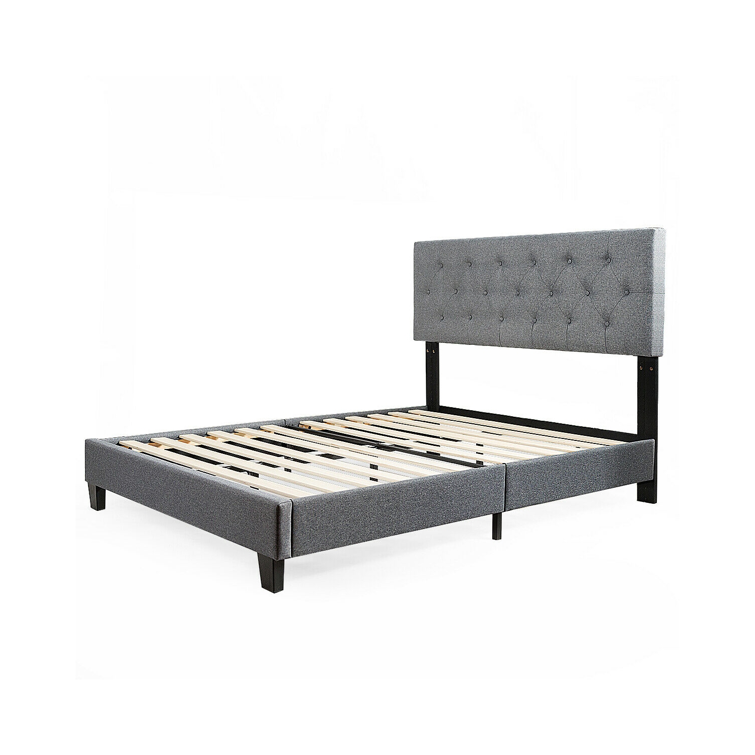 Gymax Full Size Upholstered Panel Bed W/Linen Panel Headboard Upholstered Wooden Bed