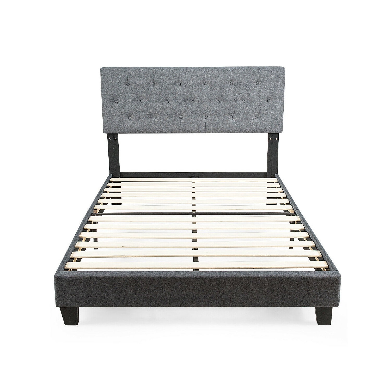 Gymax Full Size Upholstered Panel Bed W/Linen Panel Headboard Upholstered Wooden Bed