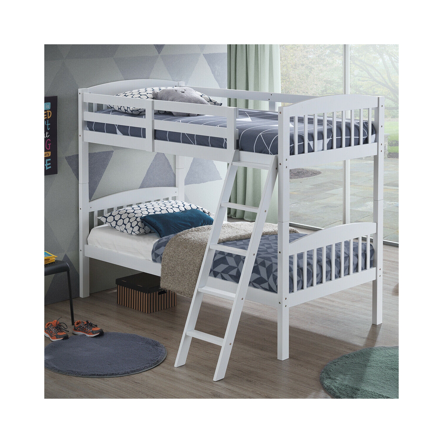 Gymax Wood Hardwood Twin Bunk Beds Convertible into 2 Individual Kid Bed Ladder White