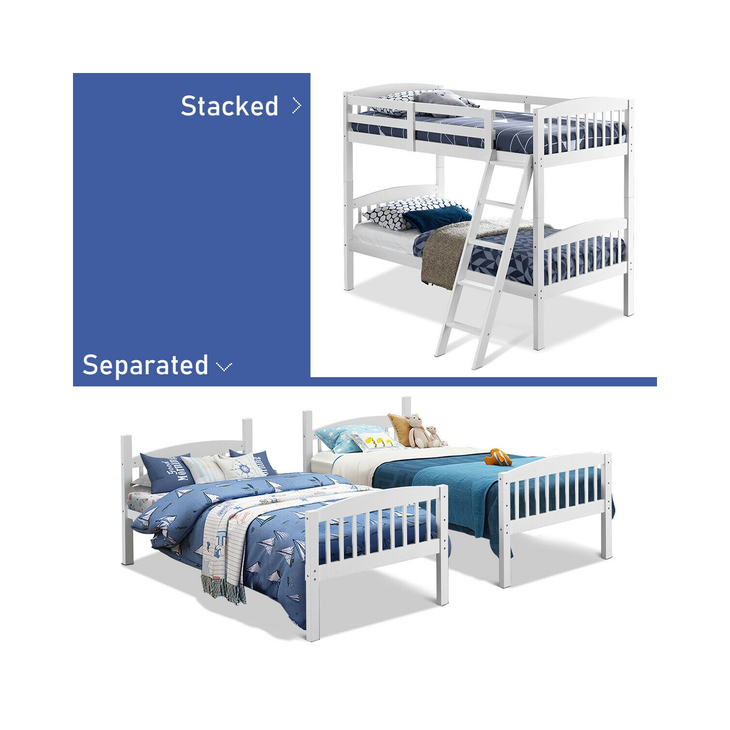 Gymax Wood Hardwood Twin Bunk Beds Convertible into 2 Individual Kid Bed Ladder White