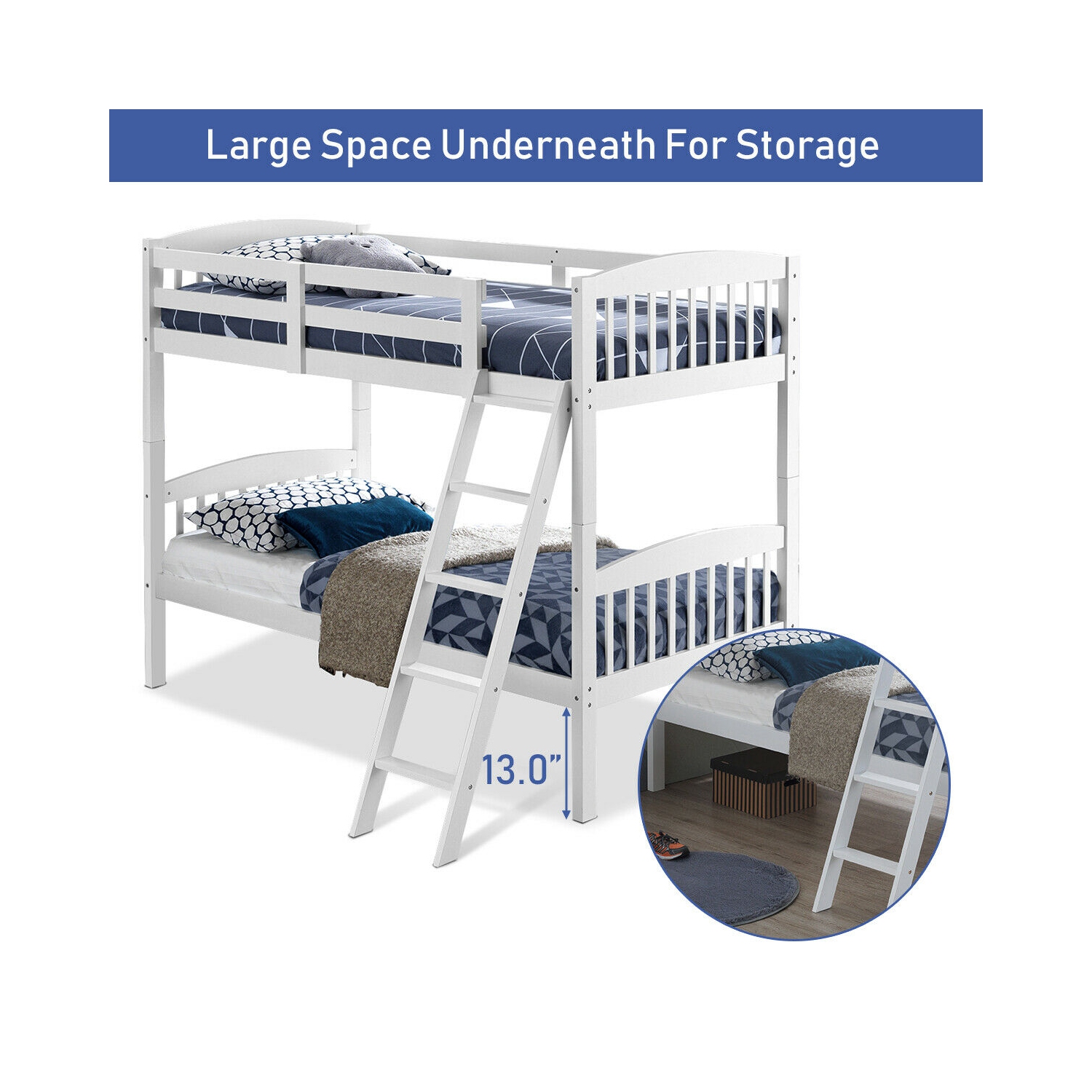 Gymax Wood Hardwood Twin Bunk Beds Convertible into 2 Individual Kid Bed Ladder White