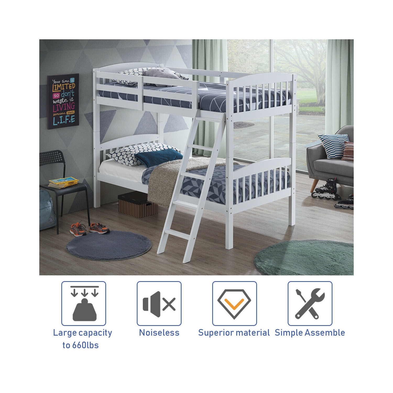 Gymax Wood Hardwood Twin Bunk Beds Convertible into 2 Individual Kid Bed Ladder White