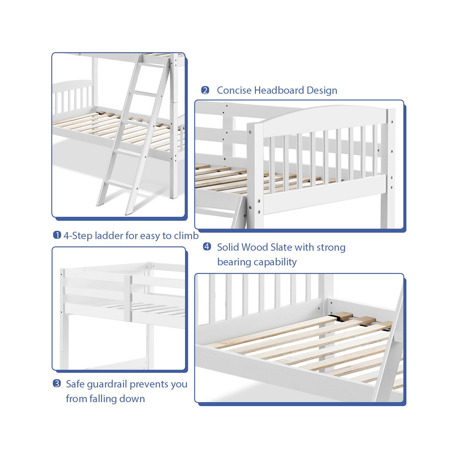 Gymax Wood Hardwood Twin Bunk Beds Convertible into 2 Individual Kid Bed Ladder White