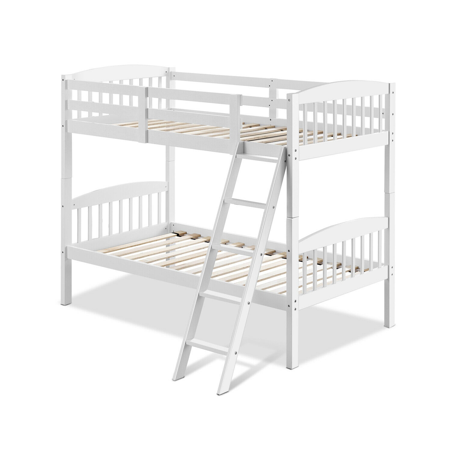 Gymax Wood Hardwood Twin Bunk Beds Convertible into 2 Individual Kid Bed Ladder White