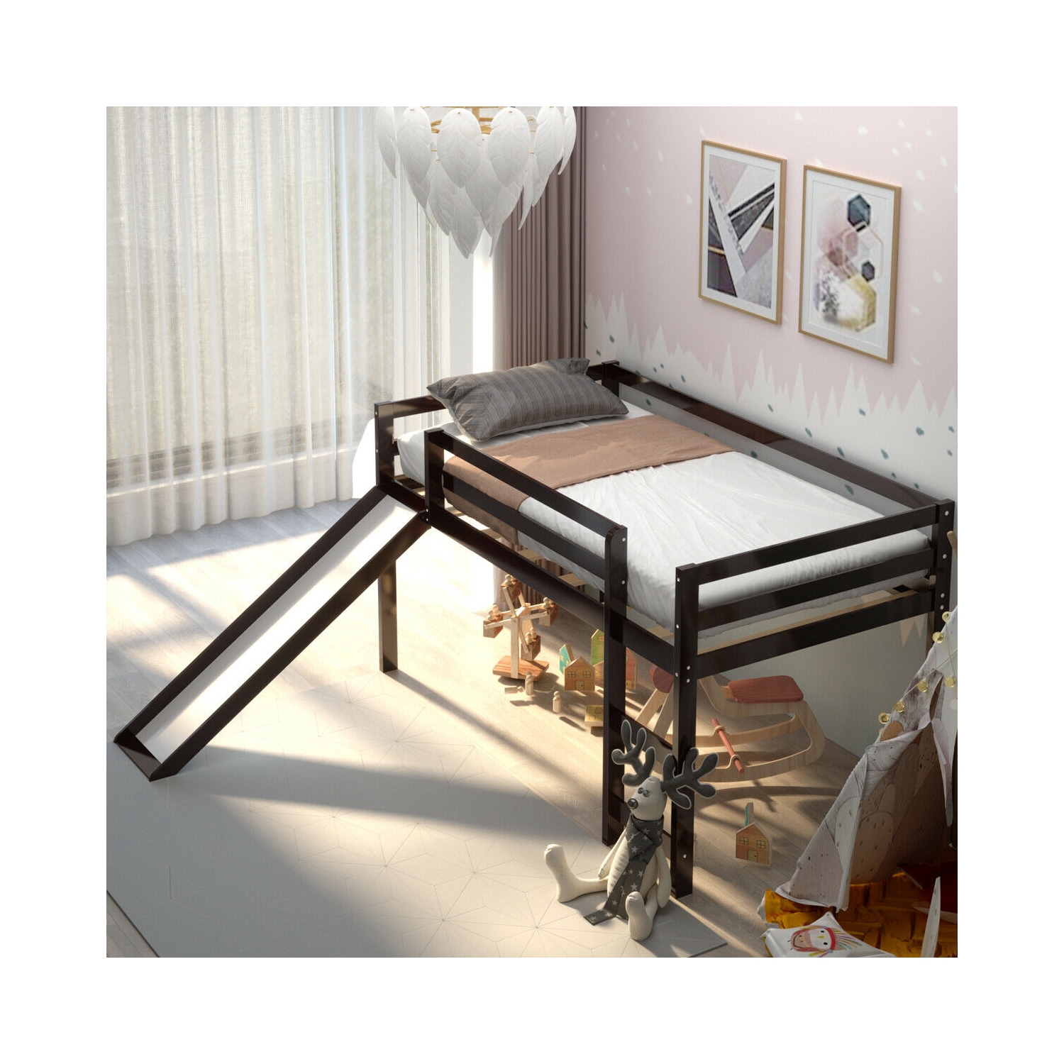 Lit loft avec tobogan en bois Lit loft bas et robuste pour les enfants Chambre à coucher marque Gymax
