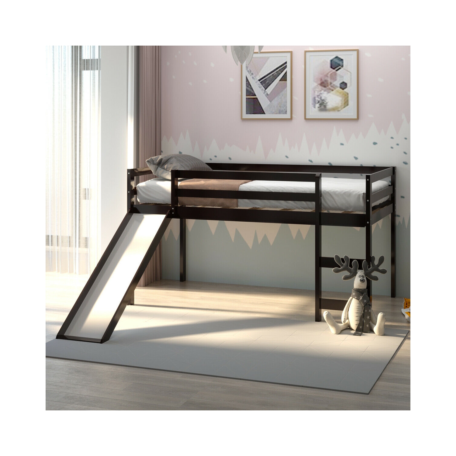 Lit loft avec tobogan en bois Lit loft bas et robuste pour les enfants Chambre à coucher marque Gymax