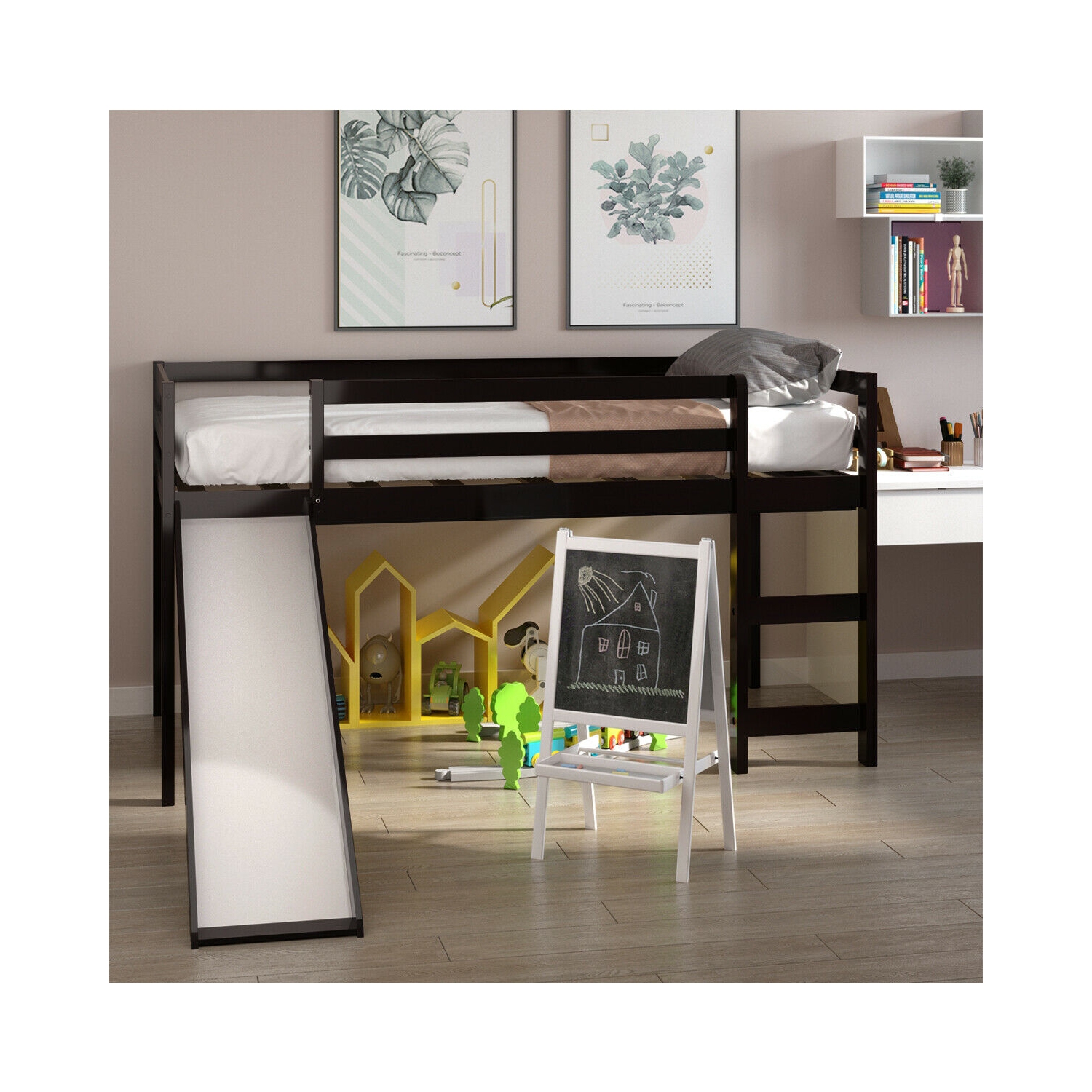 Lit loft avec tobogan en bois Lit loft bas et robuste pour les enfants Chambre à coucher marque Gymax