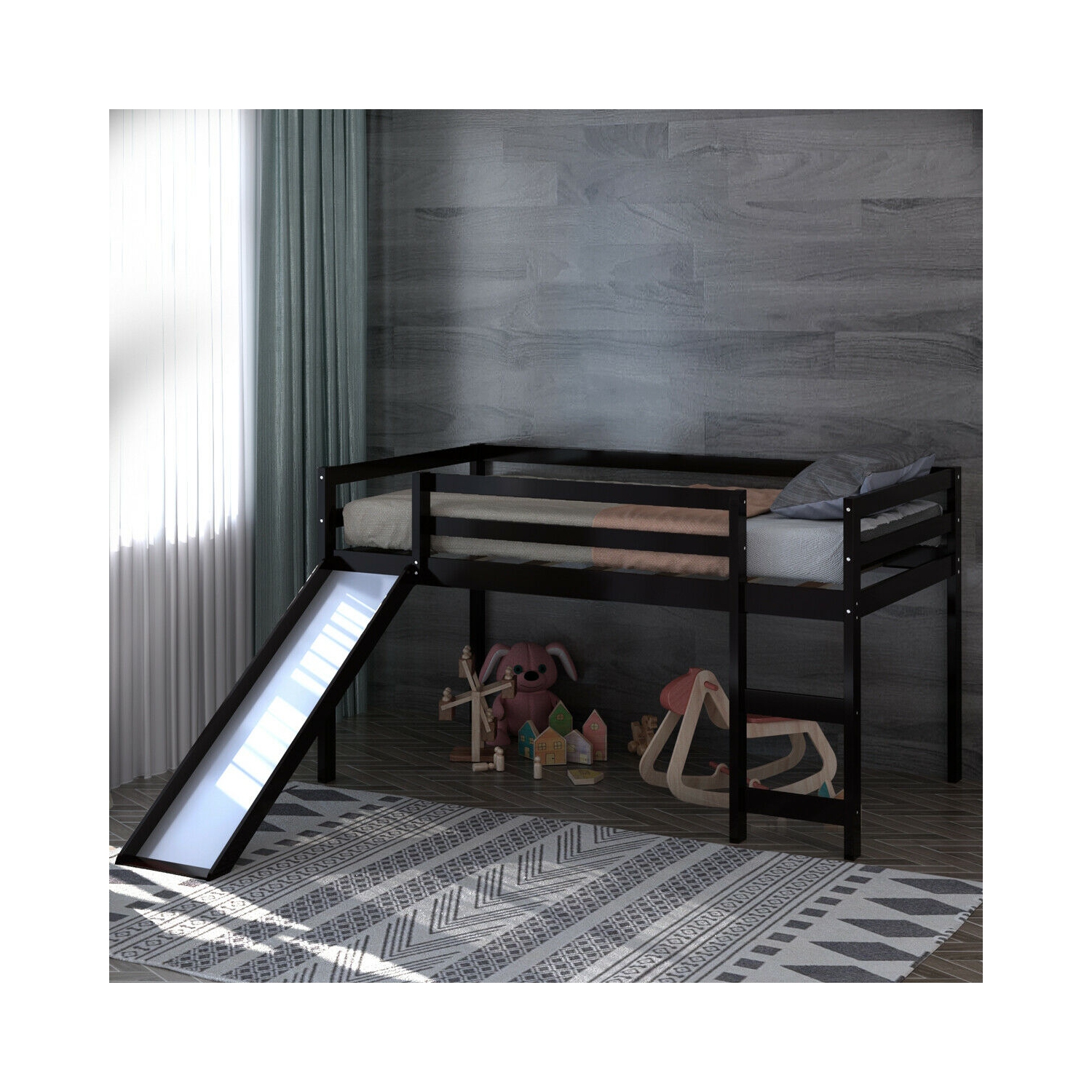 Lit loft avec tobogan en bois Lit loft bas et robuste pour les enfants Chambre à coucher marque Gymax