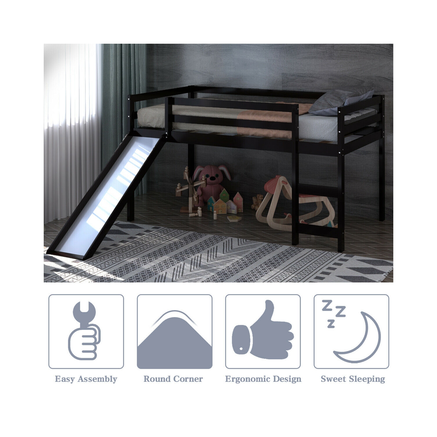 Lit loft avec tobogan en bois Lit loft bas et robuste pour les enfants Chambre à coucher marque Gymax