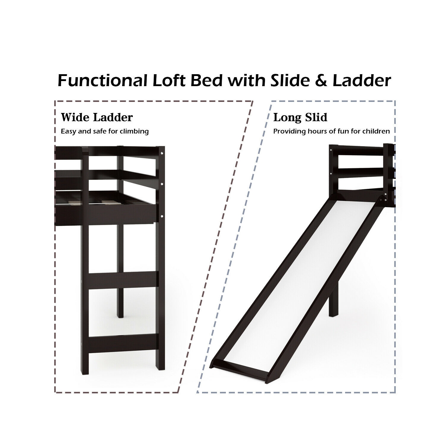 Lit loft avec tobogan en bois Lit loft bas et robuste pour les enfants Chambre à coucher marque Gymax