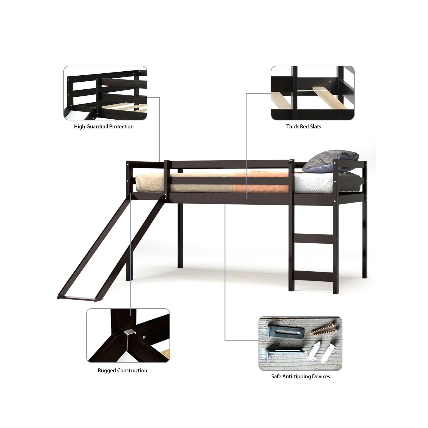 Lit loft avec tobogan en bois Lit loft bas et robuste pour les enfants Chambre à coucher marque Gymax