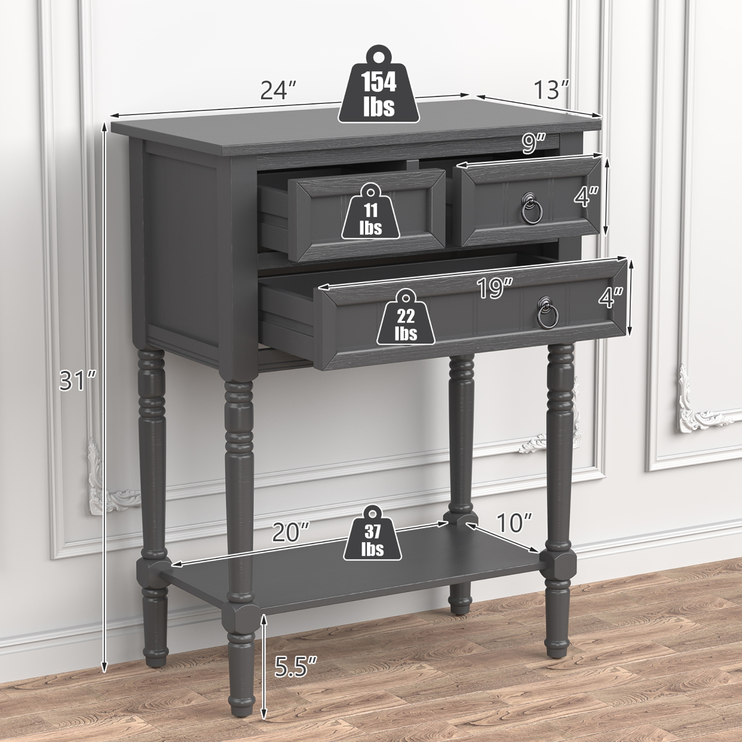 Table console d'entrée de Costway avec 3 tiroirs, tablette ouverte pour couloir gris foncé