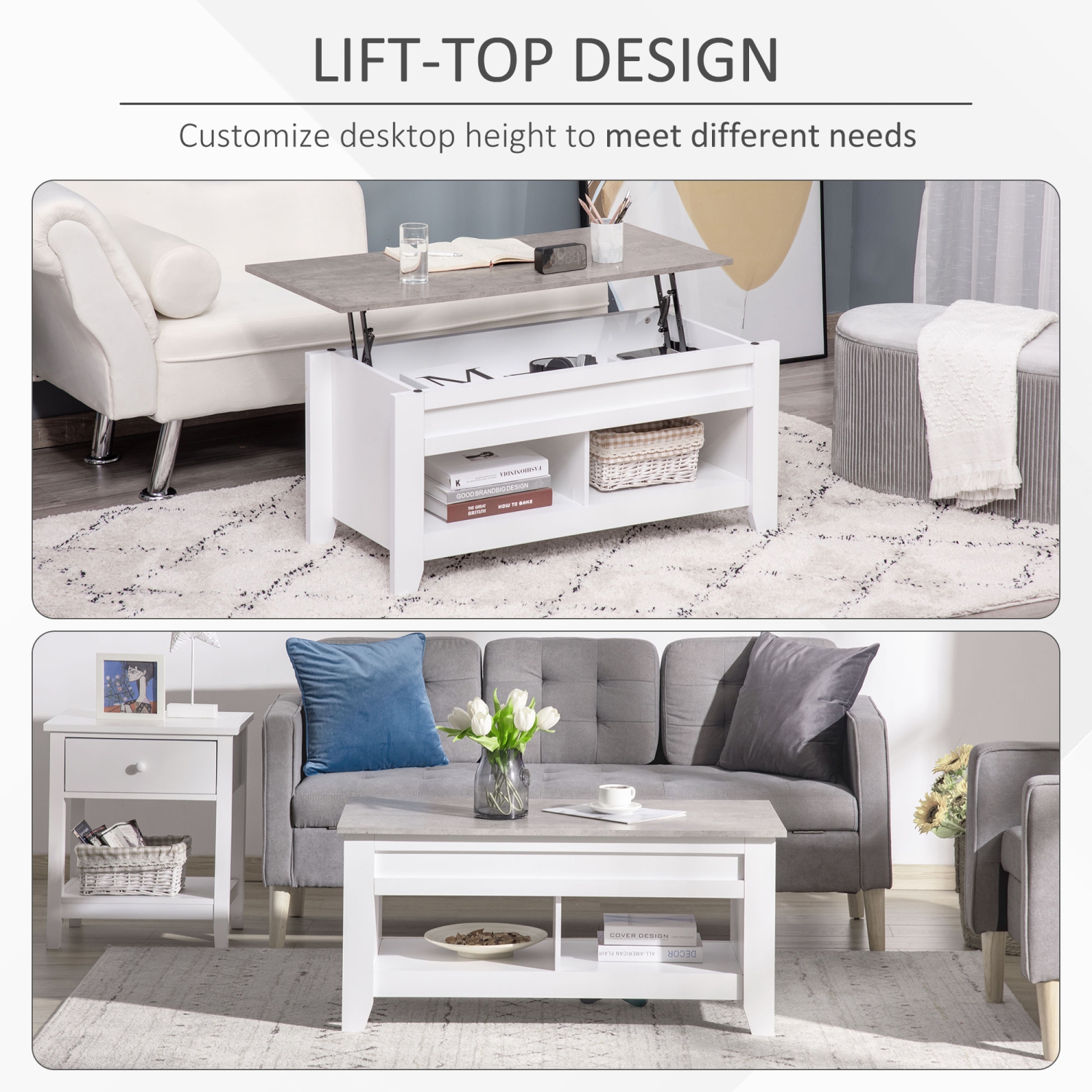 HOMCOM Lift Top Coffee Table with Hidden Storage Compartment and Open Shelves, Lift Tabletop Pop-Up Center Table for Living Room, White