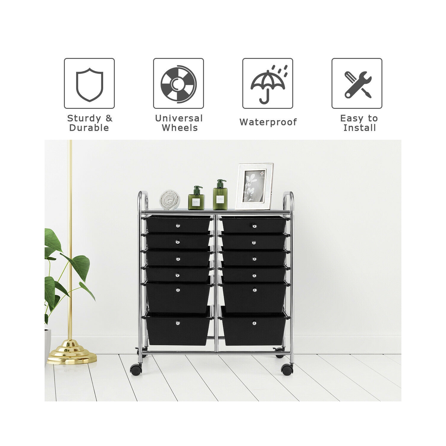 Gymax Office Rolling Cart 12 Storage Drawer Studio Organizer Bins Scrapbook Paper Black