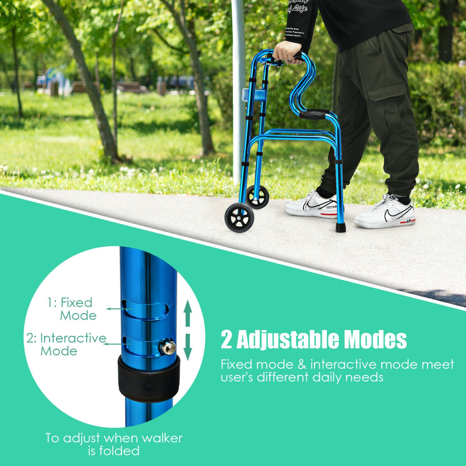 Gymax Heavy-Duty Folding 3 in 1 Stand-Assist Walker Aluminum Alloy W/ Wheel