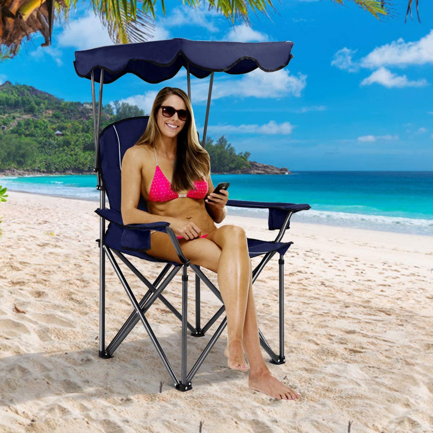 Gymax Folding Canopy Camping Chair Portable Beach Chair w/ Carrying Bag