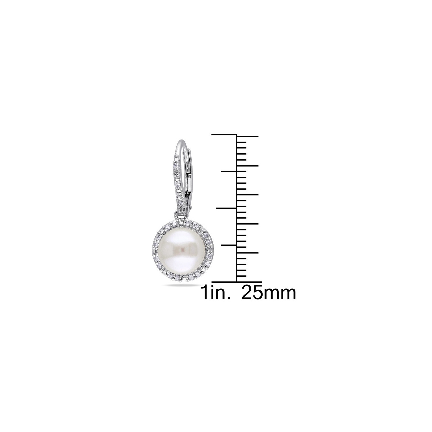 White Freshwater Cultured Pearl 8mm Drop Earrings with Diamonds in Sterling Silver